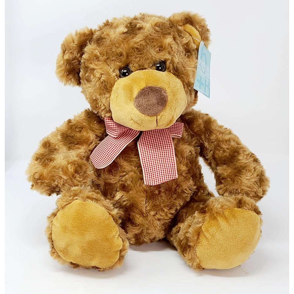 Burton + Burton Swirl Fur Teddy Bear Plush 9.5 in Brown Gingham Bow NWT